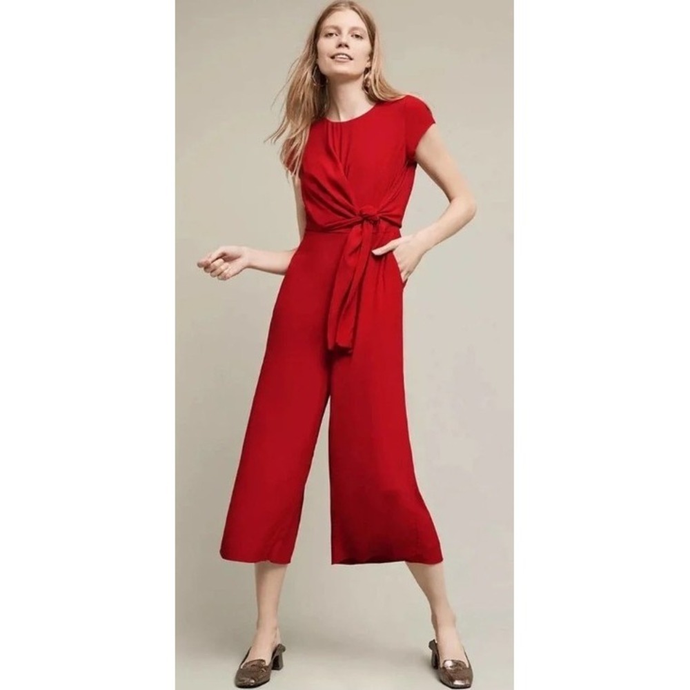 Anthropologie Galatea Tie Front Jumpsuit Red Wide Leg Cropped Short Sleeve S